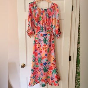 Saloni silk midi dress. Stunning print on pink.